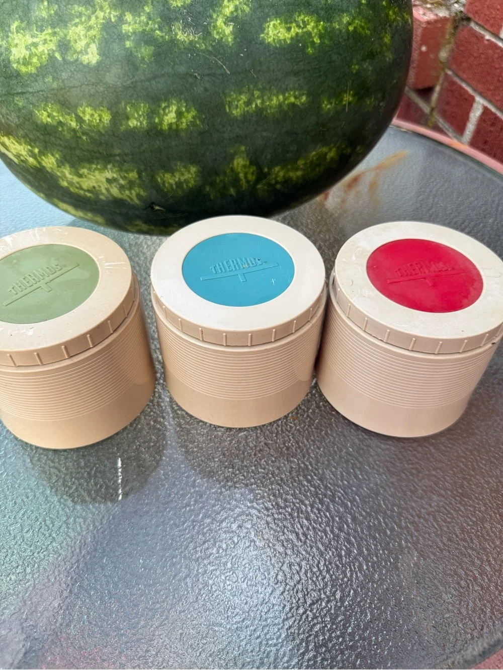Thermos Beige Canister Set with Red, Blue, and Green Lids